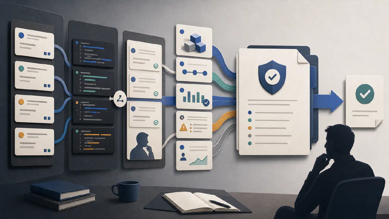 Engineering work, code changes, deployment evidence, and operational signals converging into a reviewed release decision.